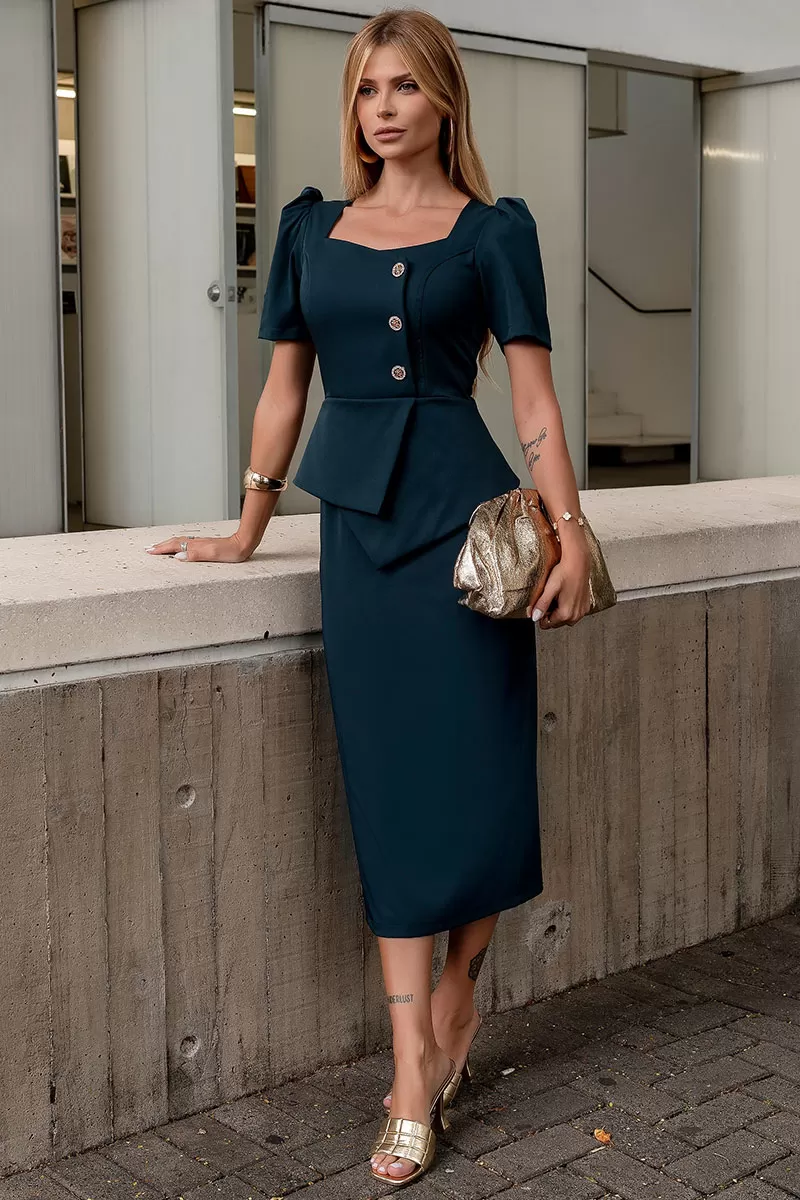 Miss Misses - Esther Midi Dress with Green Buttons - 54523023