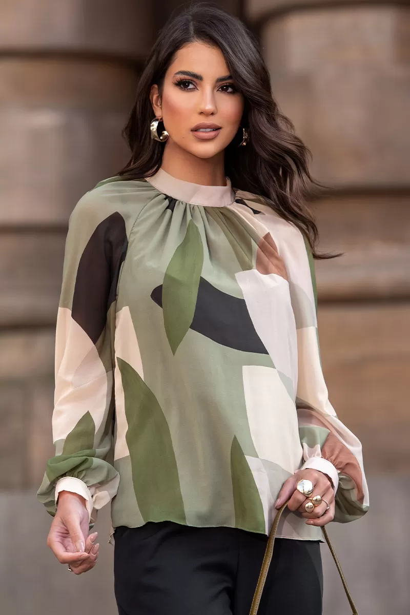 Miss Misses - Carla Shirt with Ruffled Collar and Long Sleeves, Green - 54544023