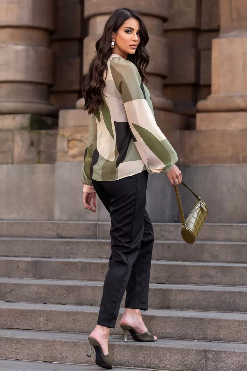 Miss Misses - Carla Shirt with Ruffled Collar and Long Sleeves, Green - 54544023