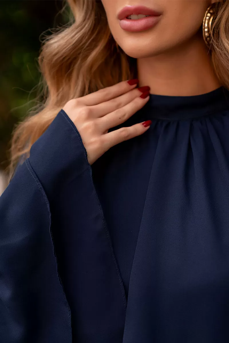 Miss Misses - Andressa Long Sleeve Shirt with Cape Detail Navy Blue - 54555004