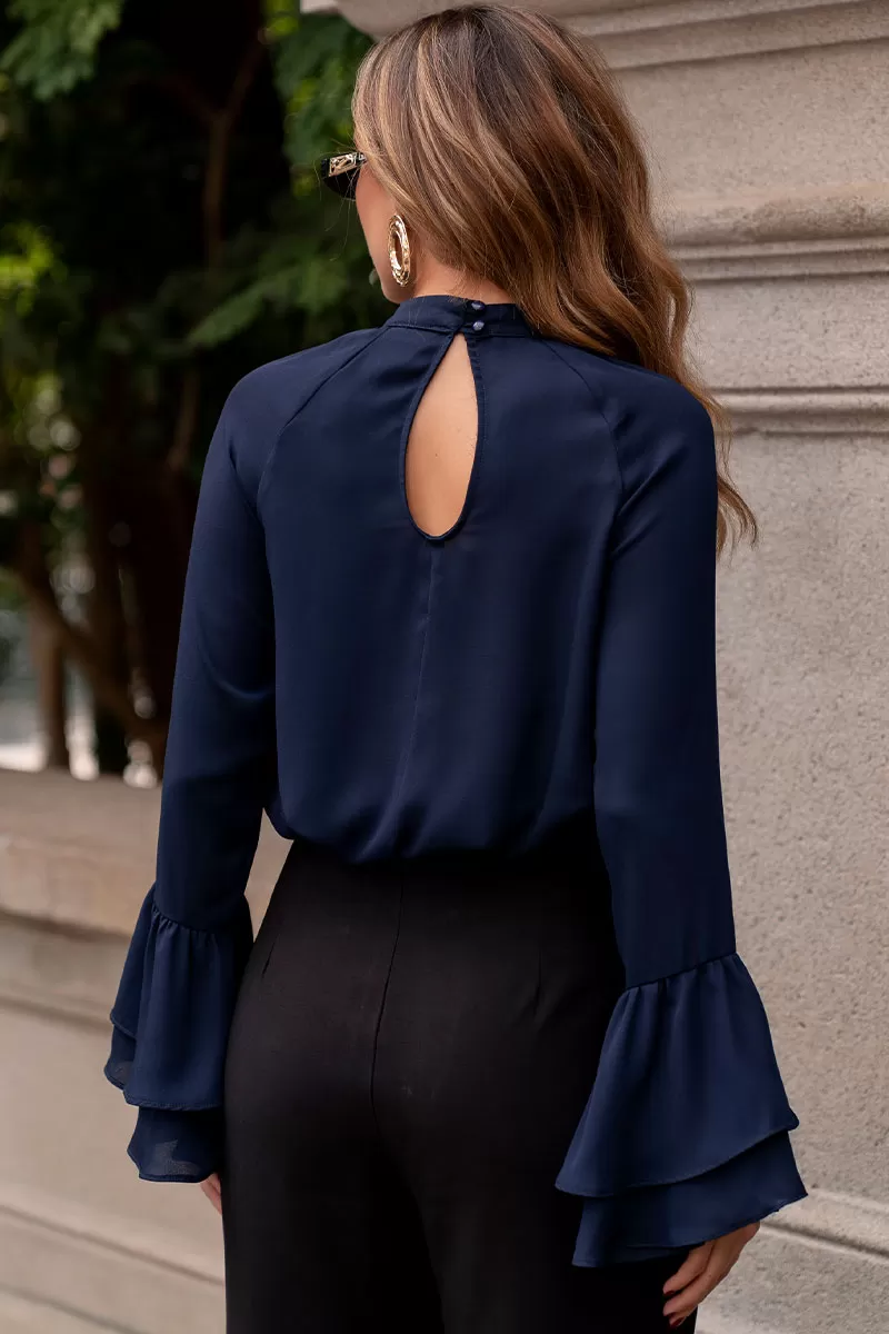 Miss Misses - Andressa Long Sleeve Shirt with Cape Detail Navy Blue - 54555004