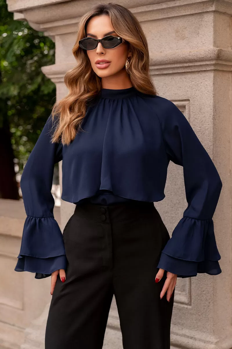 Miss Misses - Andressa Long Sleeve Shirt with Cape Detail Navy Blue - 54555004