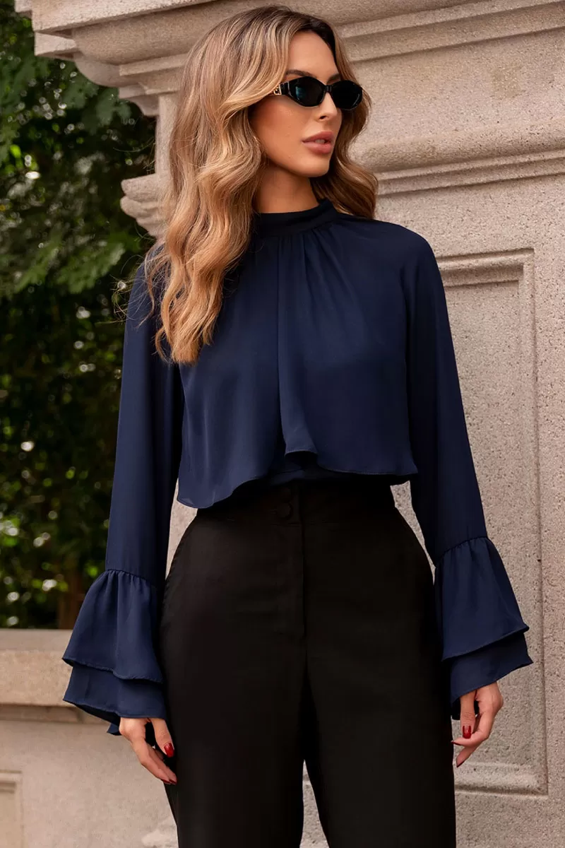 Miss Misses - Andressa Long Sleeve Shirt with Cape Detail Navy Blue - 54555004