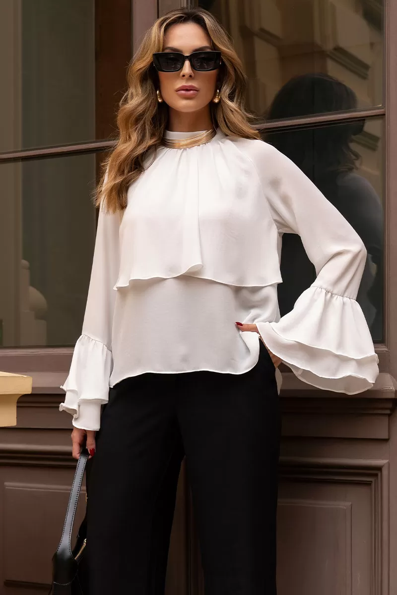 Miss Misses - Andressa Long Sleeve Shirt with White Cape Detail - 54555005