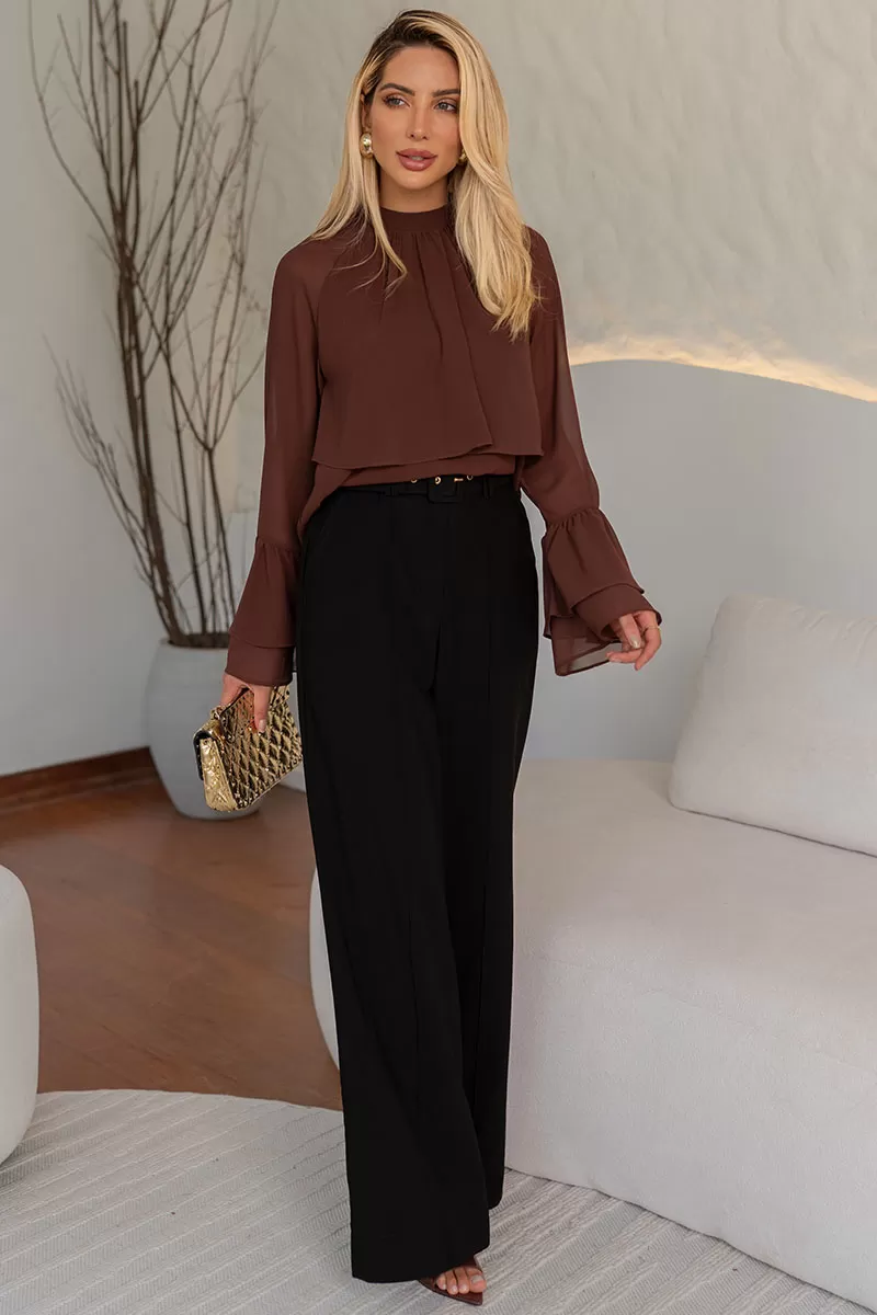 Miss Misses - Andressa Long Sleeve Shirt with Brown Cape Detail - 54555214