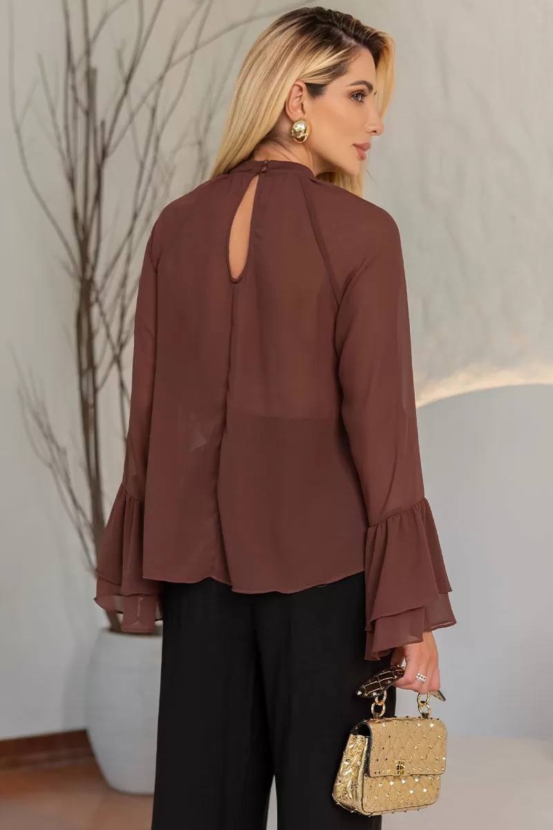 Miss Misses - Andressa Long Sleeve Shirt with Brown Cape Detail - 54555214