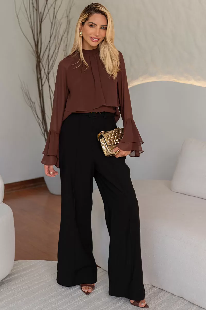 Miss Misses - Andressa Long Sleeve Shirt with Brown Cape Detail - 54555214