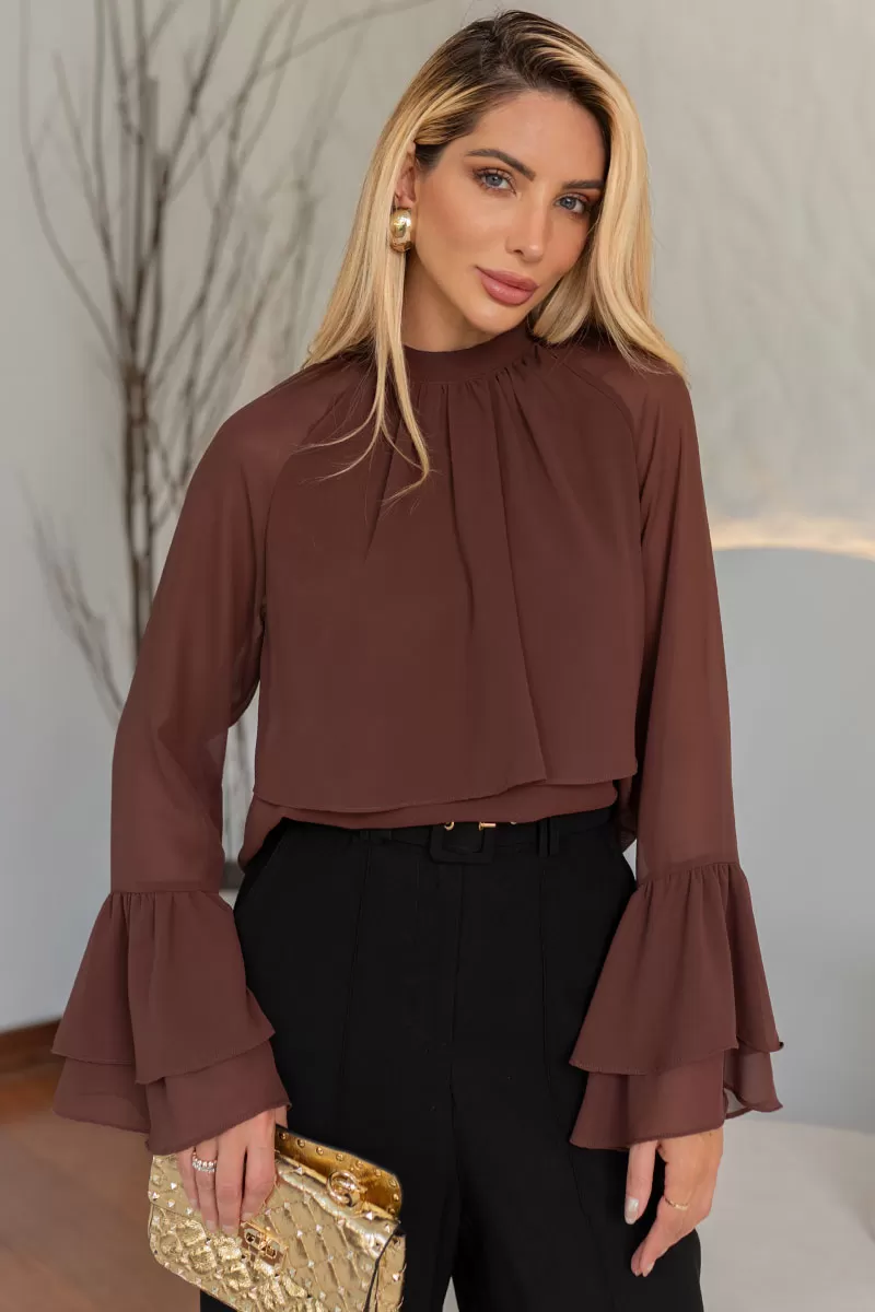Miss Misses - Andressa Long Sleeve Shirt with Brown Cape Detail - 54555214