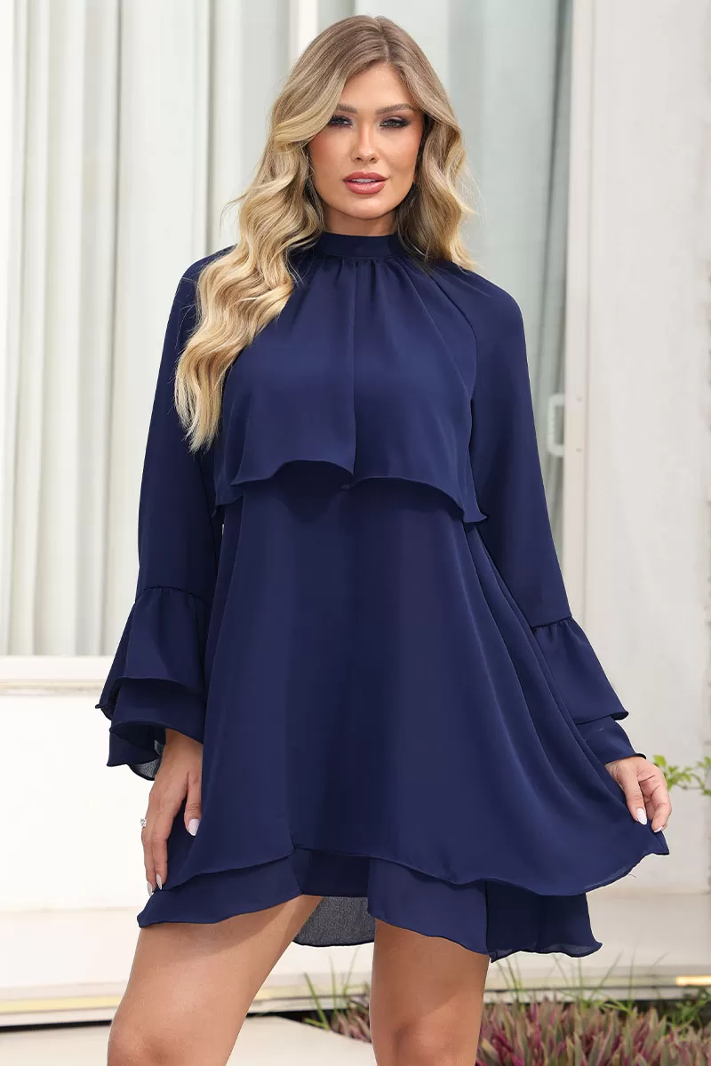 Miss Misses - Eva Dress High Neck Long Sleeve Navy Blue - 54542002