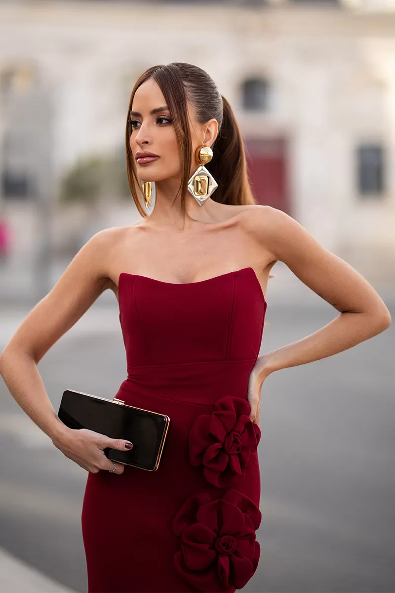 Dot Clothing - TQC Dot Clothing Long Dress With Marsala Flower - 2603MARSALA