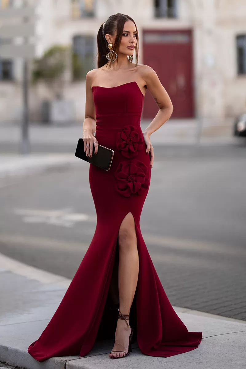 Dot Clothing - TQC Dot Clothing Long Dress With Marsala Flower - 2603MARSALA