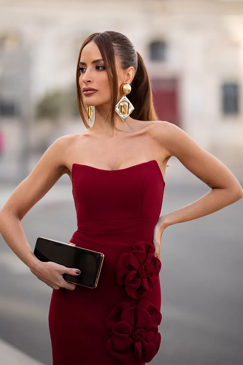 Dot Clothing - TQC Dot Clothing Long Dress With Marsala Flower - 2603MARSALA