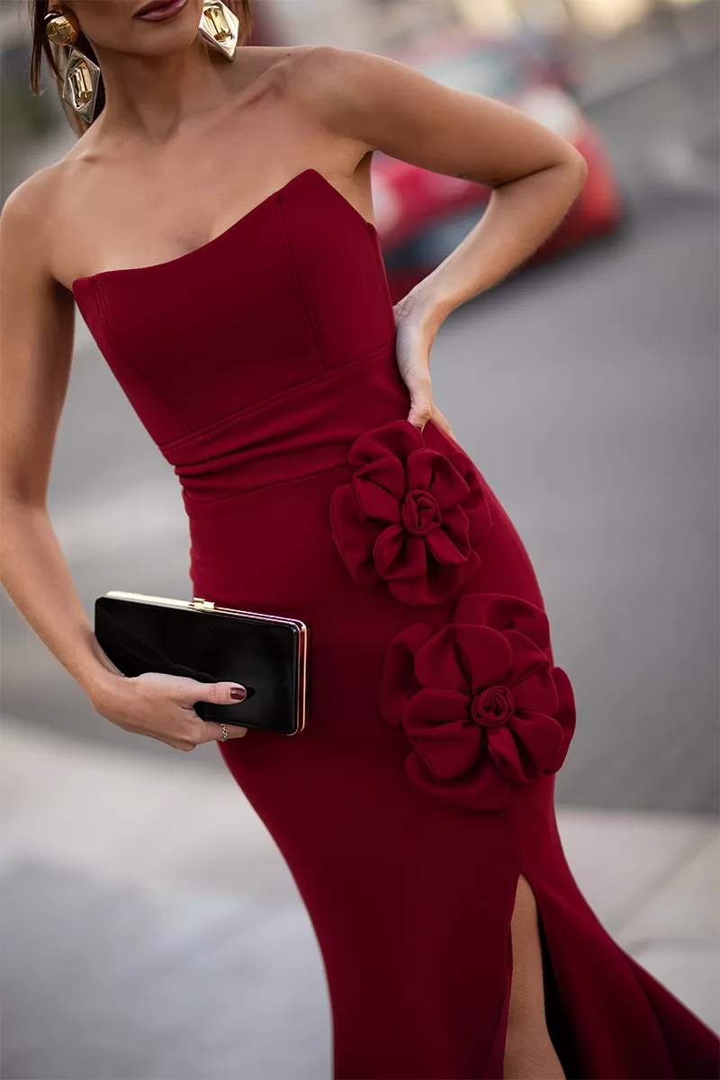 Dot Clothing - TQC Dot Clothing Long Dress With Marsala Flower - 2603MARSALA