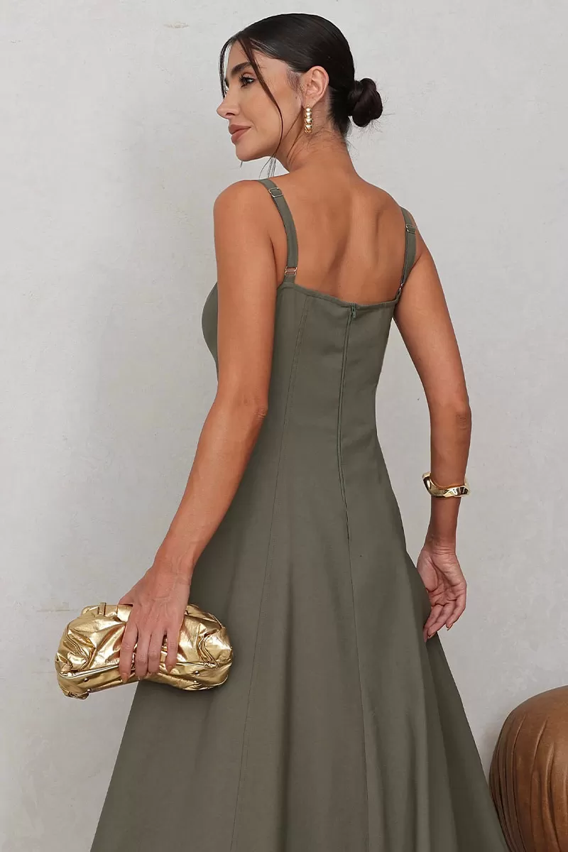 Miss Misses - Carol Dress with V-Neckline and Straps in Moss Green - 54546038
