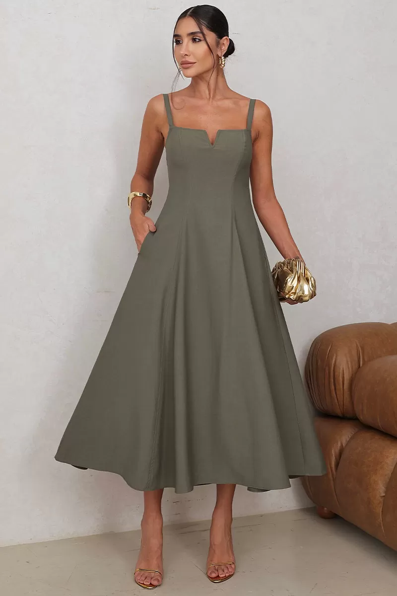 Miss Misses - Carol Dress with V-Neckline and Straps in Moss Green - 54546038