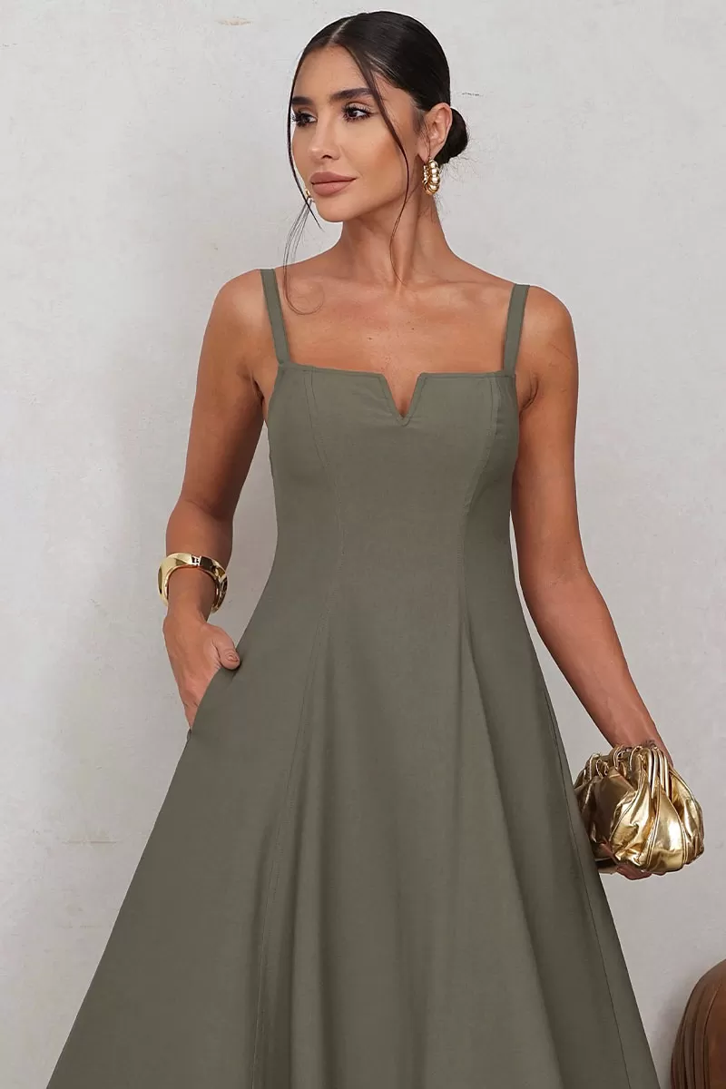 Miss Misses - Carol Dress with V-Neckline and Straps in Moss Green - 54546038
