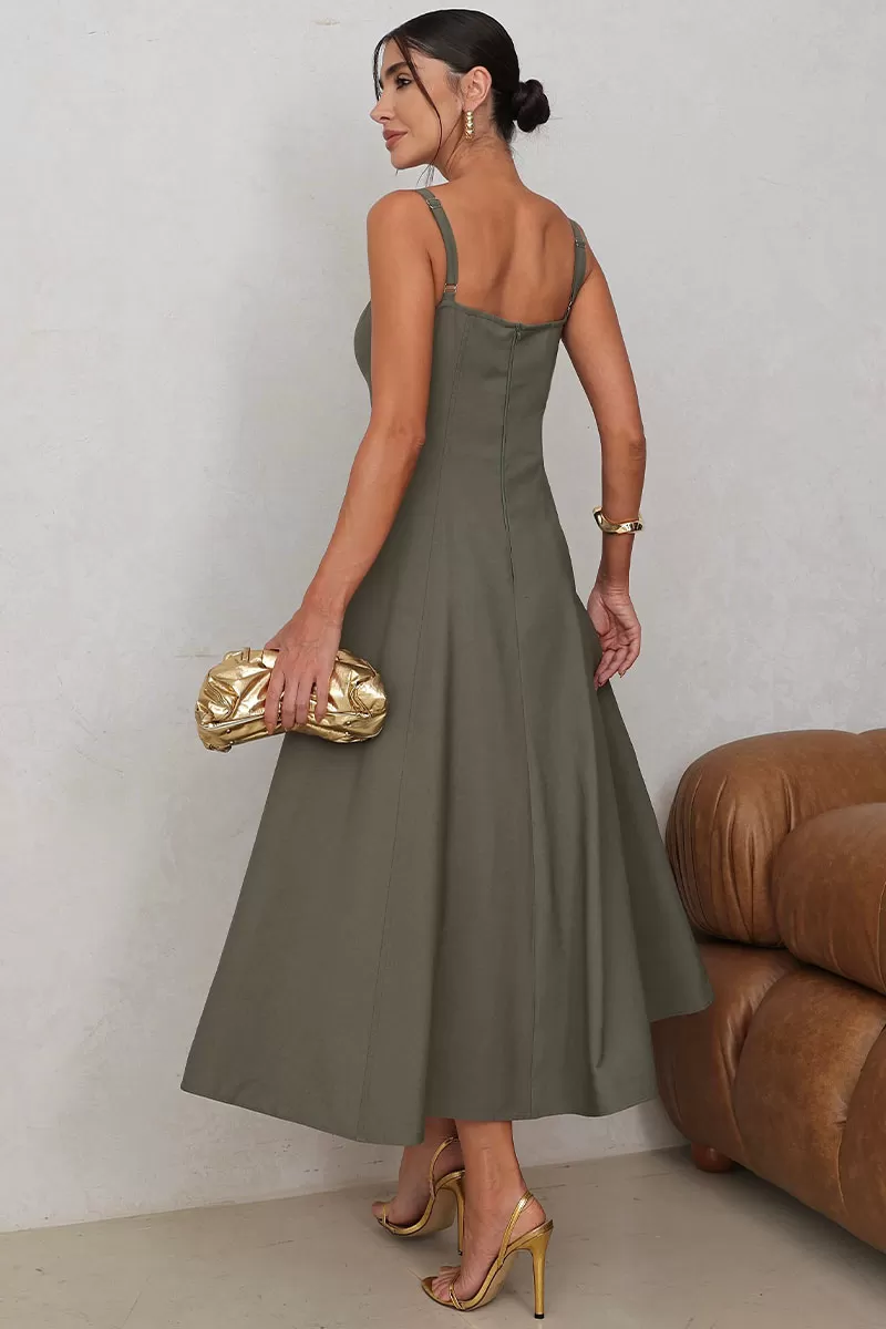 Miss Misses - Carol Dress with V-Neckline and Straps in Moss Green - 54546038