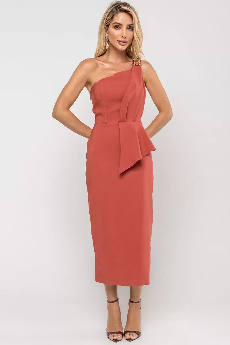 Miss Misses - Vestido Debora Midi 1 Ombro com Detalhe Metal Marsala - 54545086