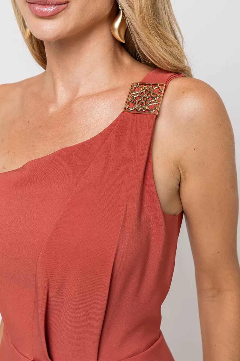 Miss Misses - Debora Midi One Shoulder Dress with Marsala Metal Detail - 54545086