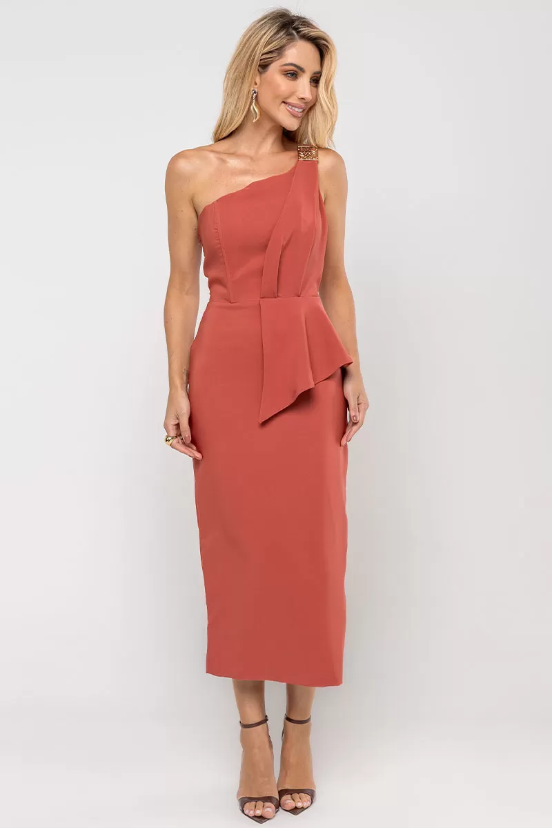 Miss Misses - Debora Midi One Shoulder Dress with Marsala Metal Detail - 54545086