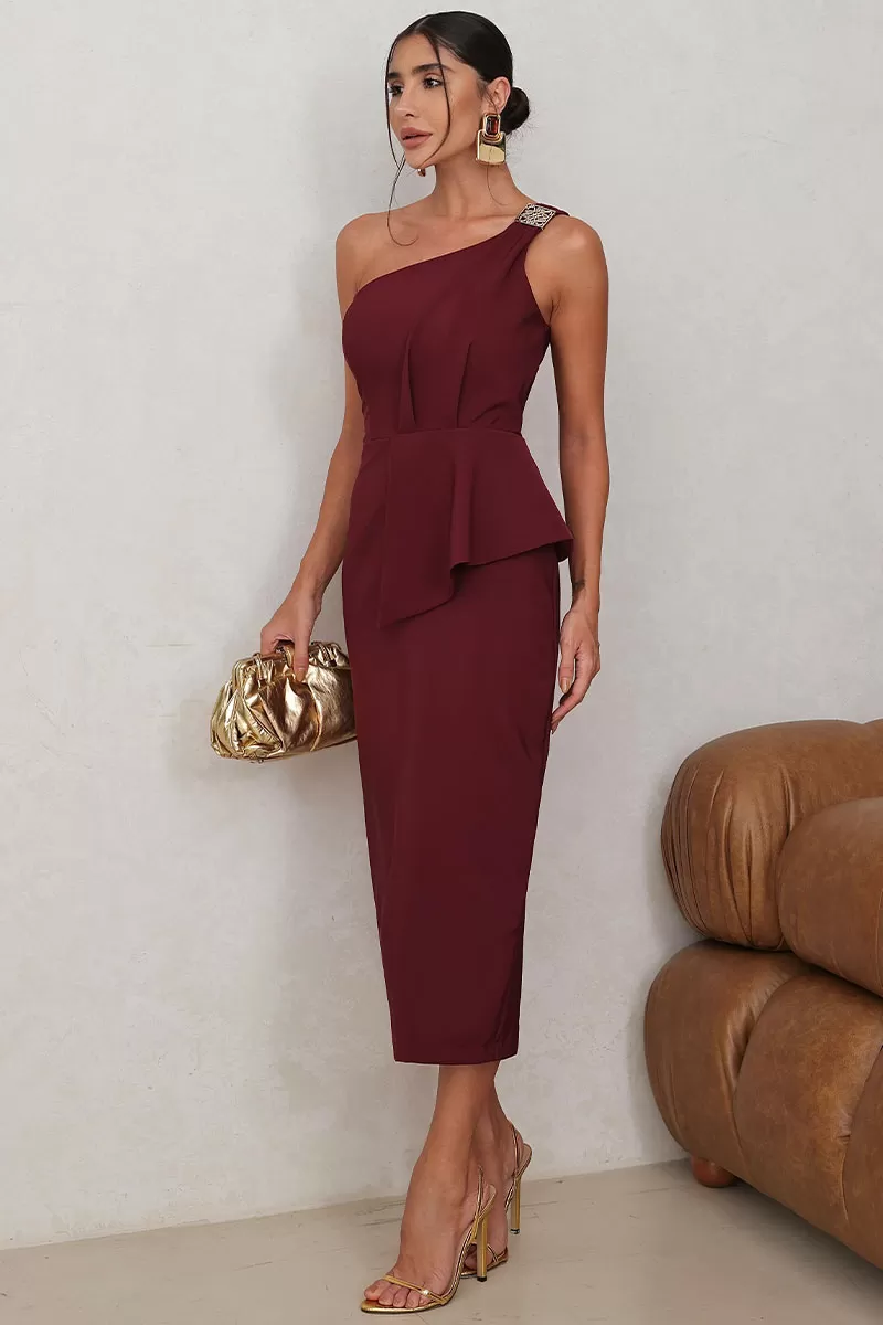 Miss Misses - Vestido Debora Midi 1 Ombro com Detalhe Metal Vinho - 54545006