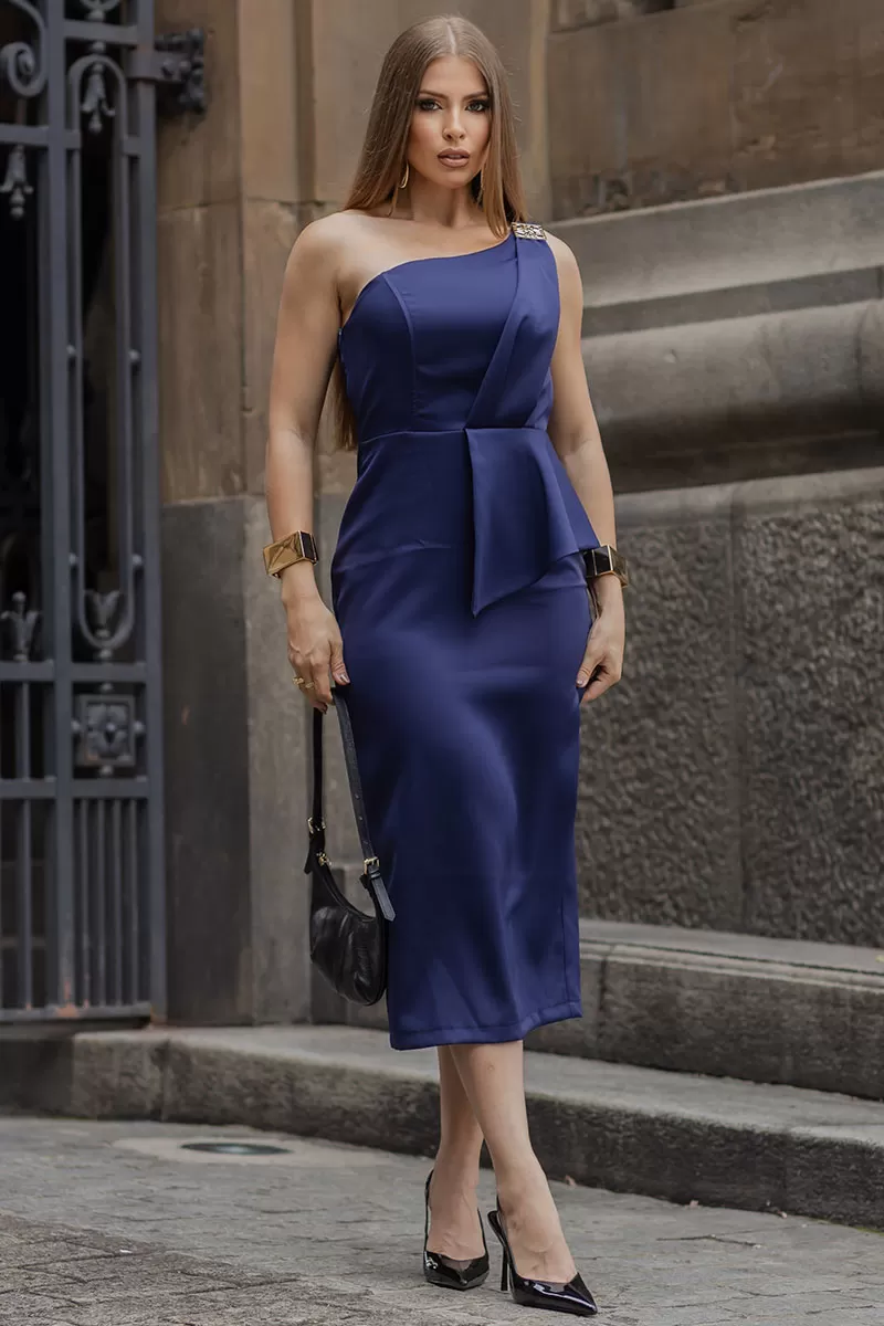 Miss Misses - Vestido Debora Midi 1 Ombro com Detalhe Metal Marinho - 54545004