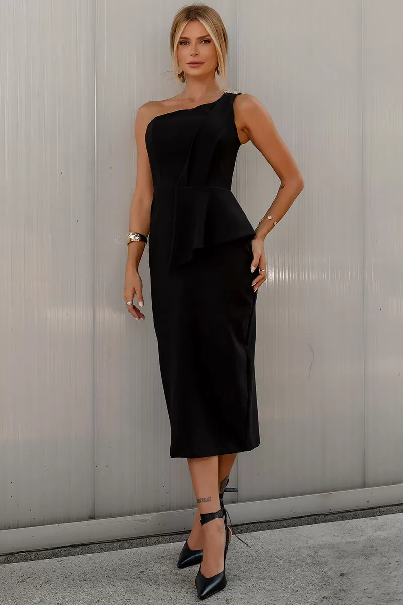 Miss Misses - Vestido Debora Midi 1 Ombro com Detalhe Metal Preto - 54545001