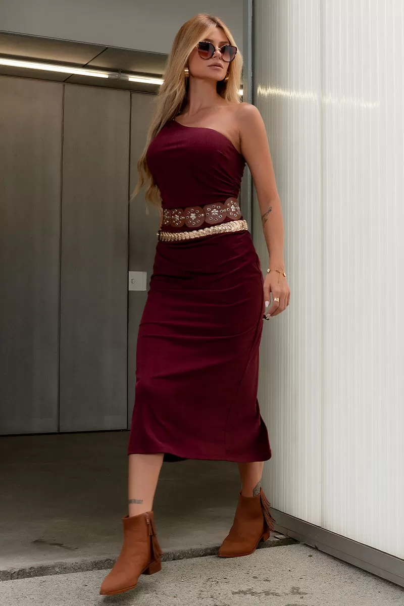 Miss Misses - Vestido Edna Canelado 1 Ombro Só com Fivela Vinho - 54552006