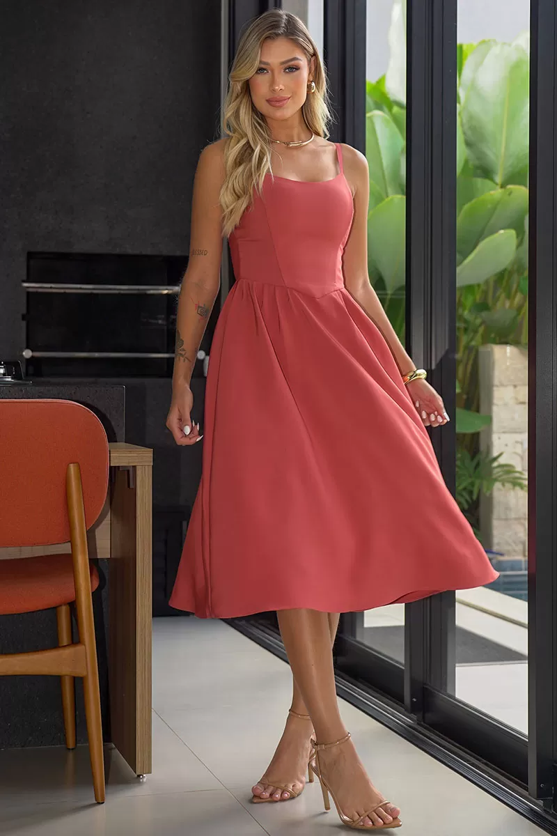 Miss Misses - Karine Midi Dress With Pleats On Skirt Marsala - 54547086