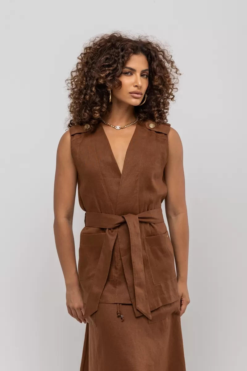 Hidrogênio - BROWN LINEN WRAP VEST - 20402031