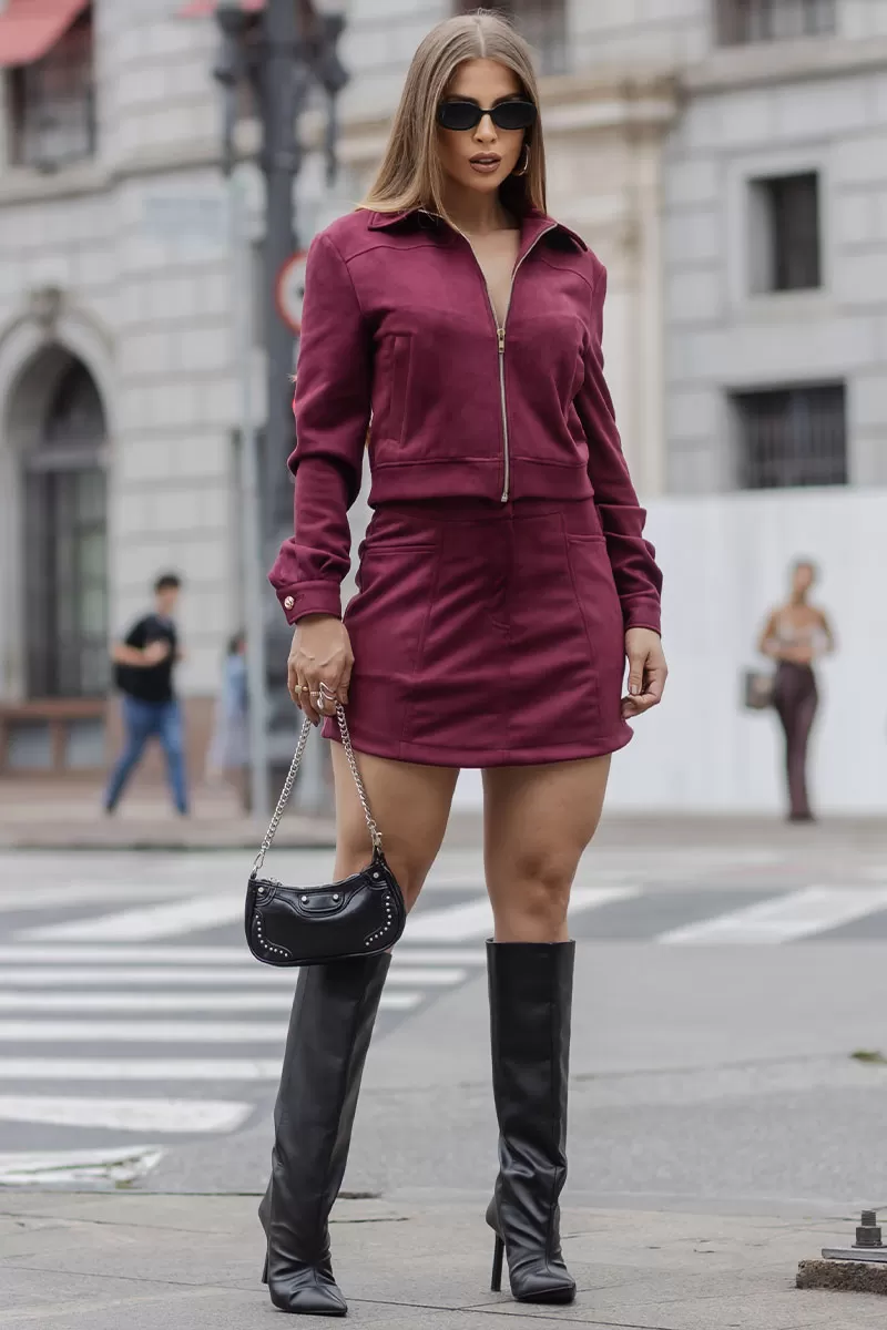 Miss Misses - Denise Jacket with Pocket and Zipper in Burgundy - 54551006