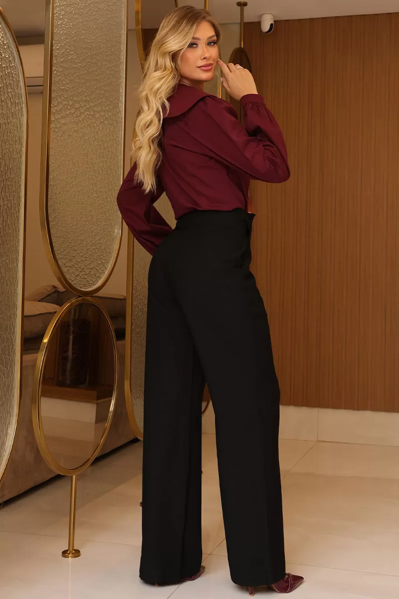 Miss Misses - Arlene Shirt Round Neck Long Sleeve with Button Wine - 54554006