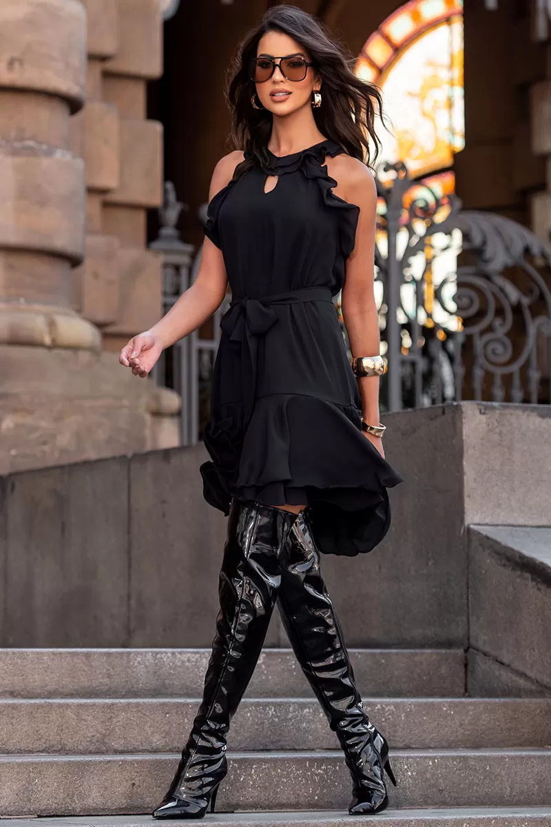 Miss Misses - Berenice Short Crepe Dress with Frill EC/Zipper Black - 54531001