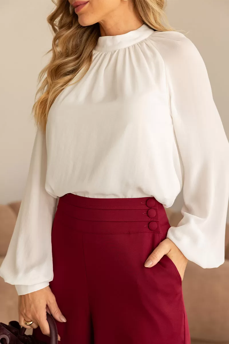 Miss Misses - Celina Crepe Shirt with Ruffled Collar, Long Sleeve, Off White - 54515030
