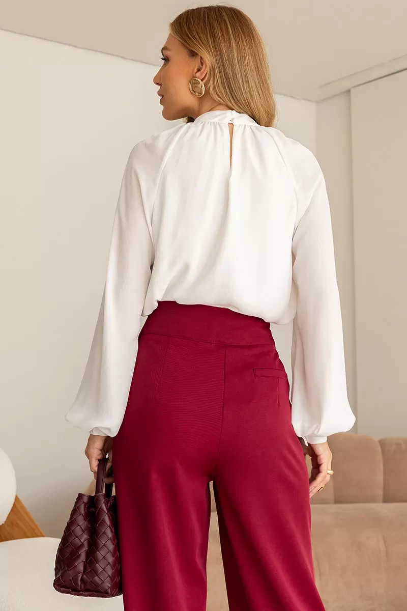 Miss Misses - Celina Crepe Shirt with Ruffled Collar, Long Sleeve, Off White - 54515030