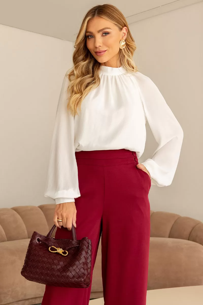 Miss Misses - Celina Crepe Shirt with Ruffled Collar, Long Sleeve, Off White - 54515030