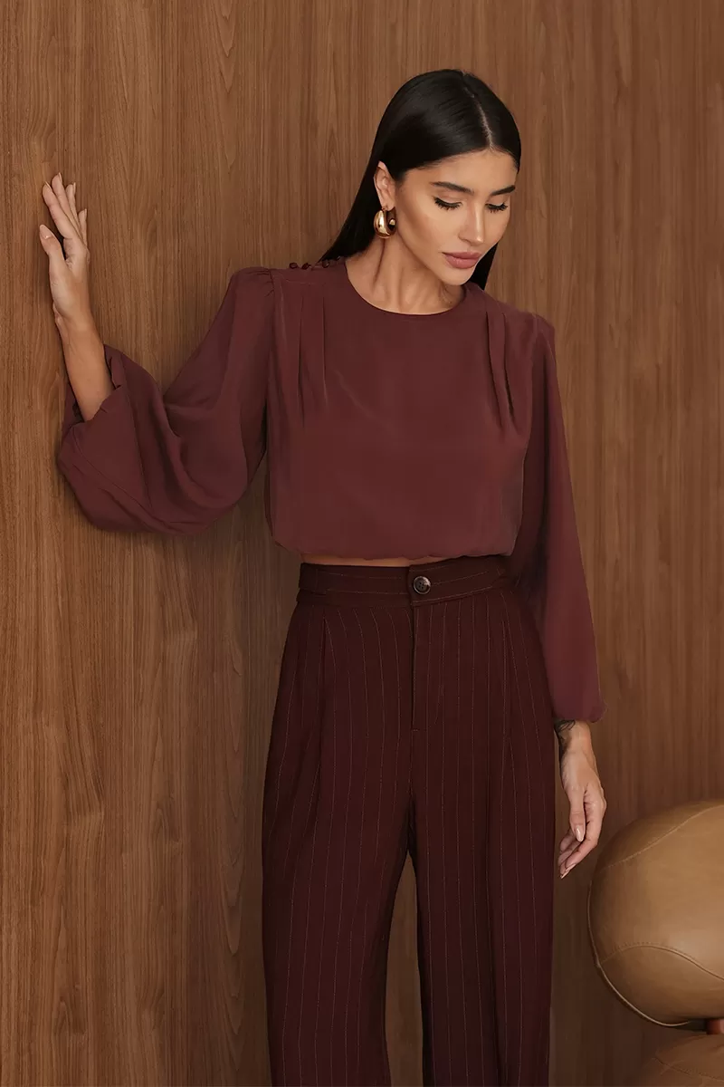 Dot Clothing - Calça Pantalona Dot Clothing Risca de Giz Marrom - 2690MARROM