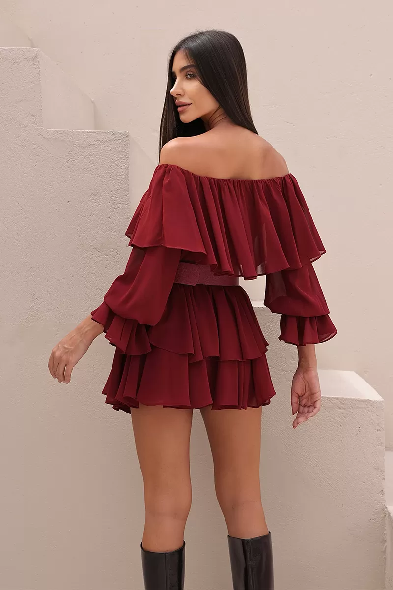 Dot Clothing - Conjunto Dot Clothing Blusa e Shorts Saia Babado Marsala - 2722MARSALA