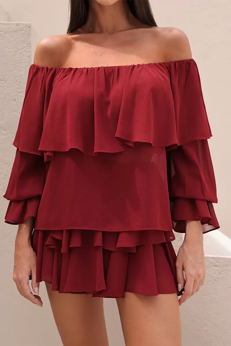 Dot Clothing - Conjunto Dot Clothing Blusa e Shorts Saia Babado Marsala - 2722MARSALA