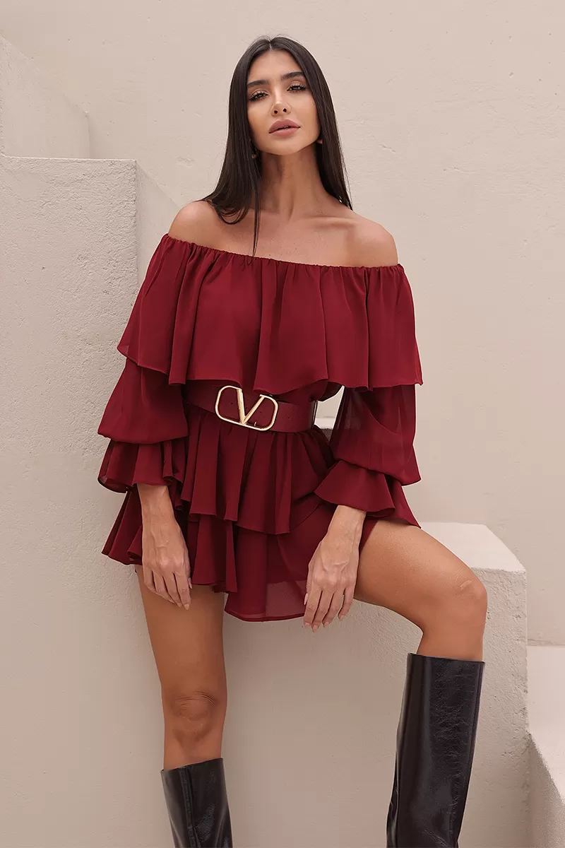 Dot Clothing - Conjunto Dot Clothing Blusa e Shorts Saia Babado Marsala - 2722MARSALA