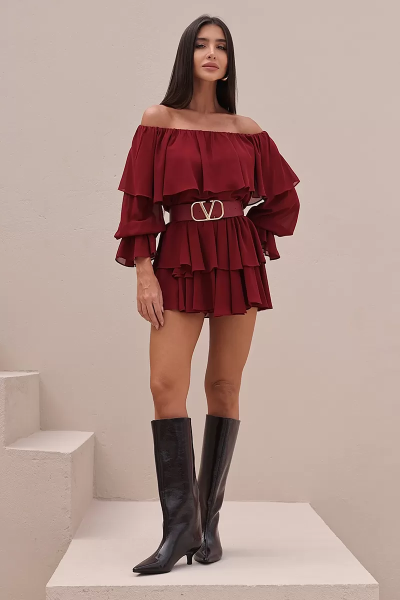 Dot Clothing - Conjunto Dot Clothing Blusa e Shorts Saia Babado Marsala - 2722MARSALA