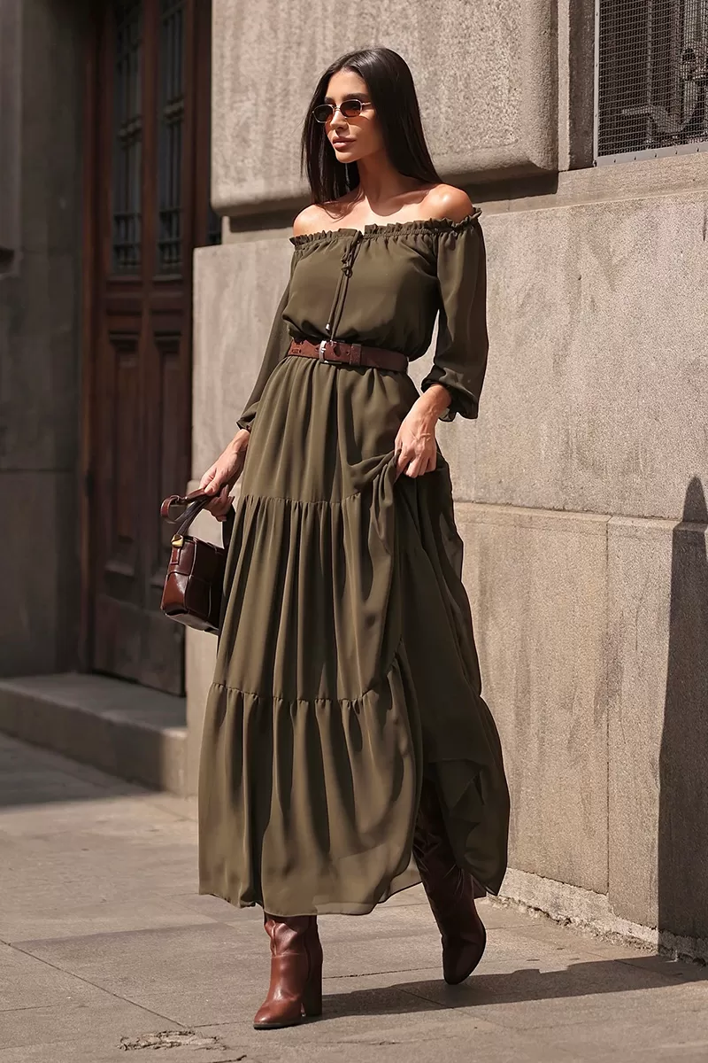 Dot Clothing - Dot Clothing Off-the-Shoulder Longuete Dress in Green - 2693VERDE