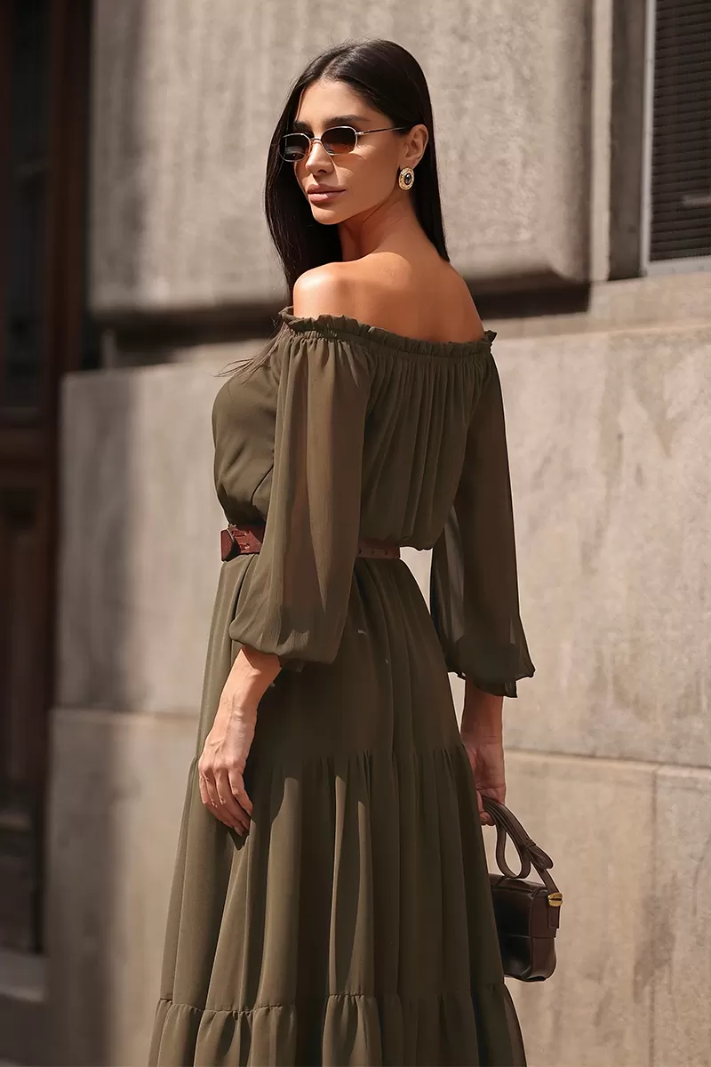 Dot Clothing - Dot Clothing Off-the-Shoulder Longuete Dress in Green - 2693VERDE