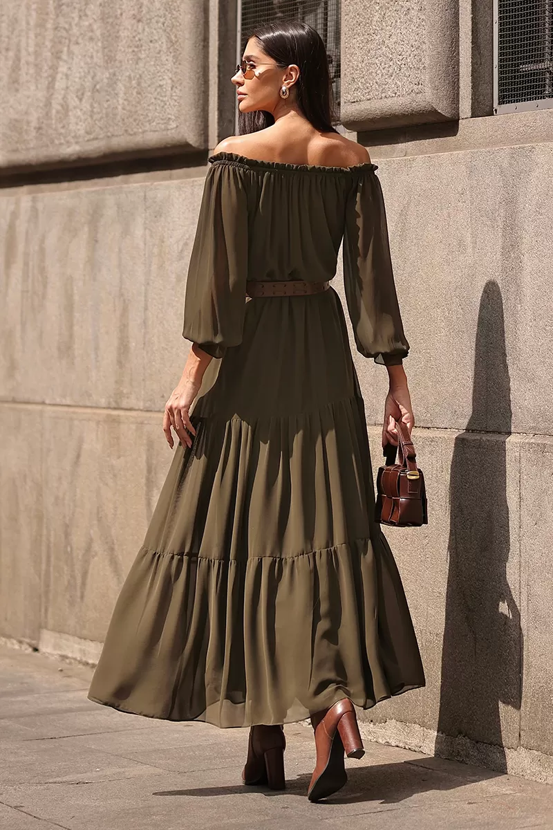 Dot Clothing - Dot Clothing Off-the-Shoulder Longuete Dress in Green - 2693VERDE