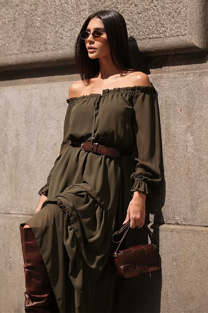 Dot Clothing - Dot Clothing Off-the-Shoulder Longuete Dress in Green - 2693VERDE