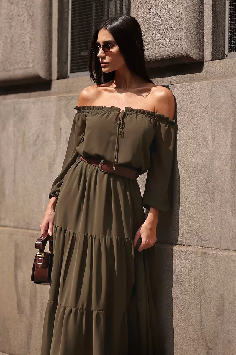 Dot Clothing - Dot Clothing Off-the-Shoulder Longuete Dress in Green - 2693VERDE