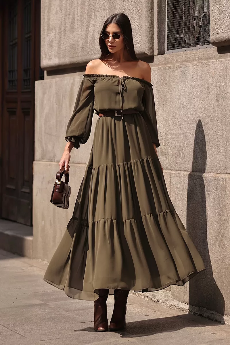 Dot Clothing - Dot Clothing Off-the-Shoulder Longuete Dress in Green - 2693VERDE