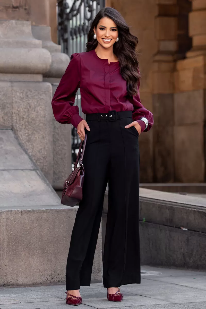 Miss Misses - Alicia Crew Neck Long Sleeve Wine Shirt - 54558006