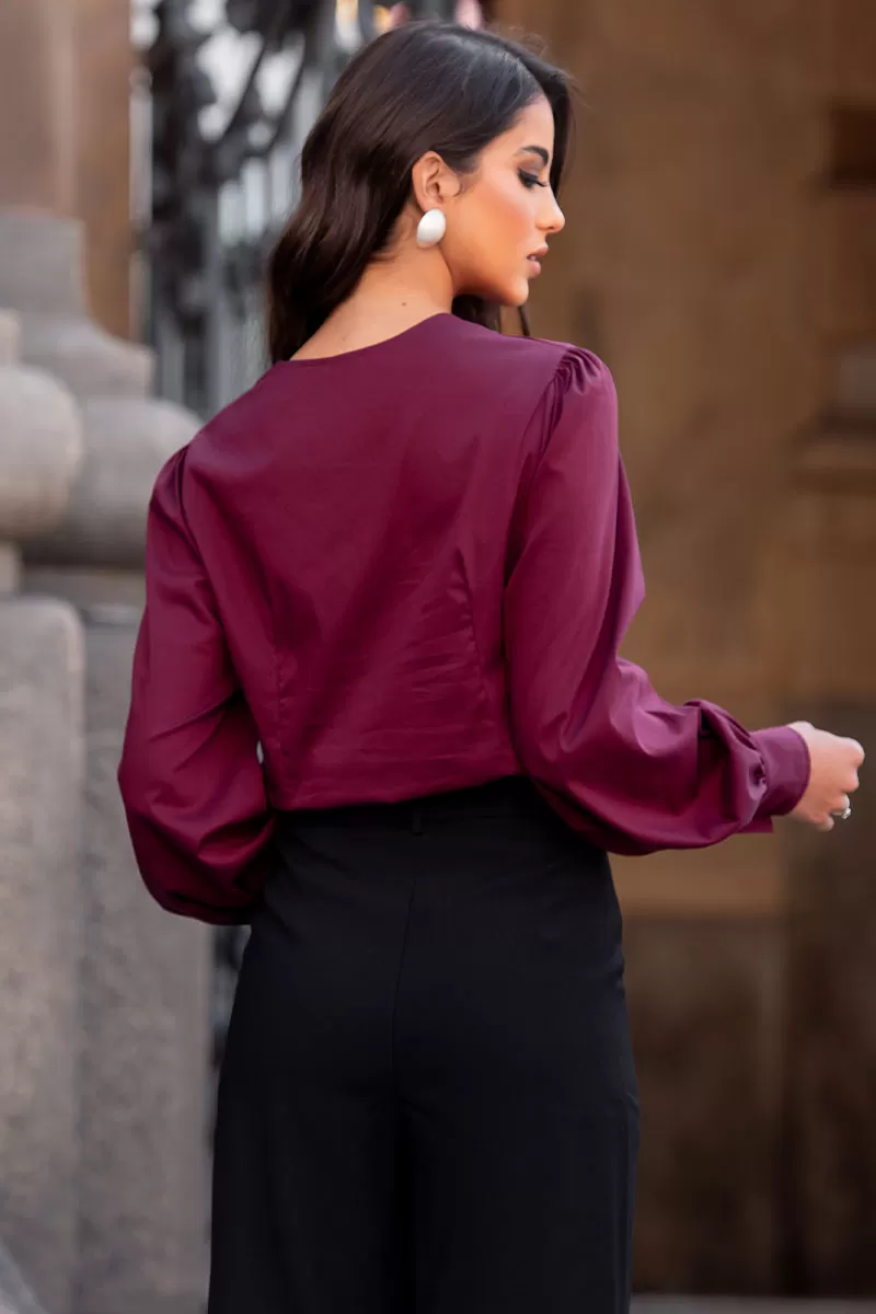 Miss Misses - Alicia Crew Neck Long Sleeve Wine Shirt - 54558006