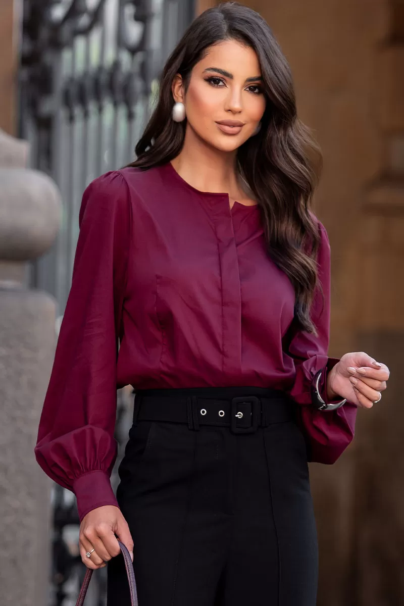 Miss Misses - Alicia Crew Neck Long Sleeve Wine Shirt - 54558006